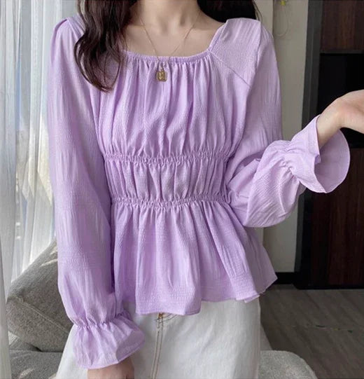 Women's Croptop Vintage Retro Square Shirring Blouse Dress