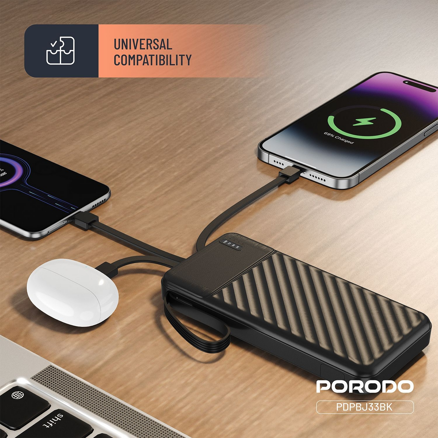 Porodo Piano 10000mAh Power Bank with Integrated Cables