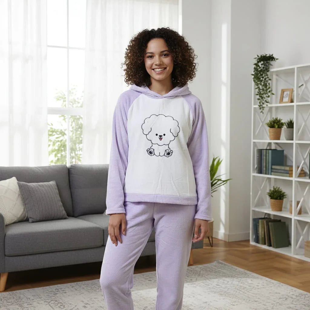 Women's Fuzzy Fleece Hooded Pajama Set