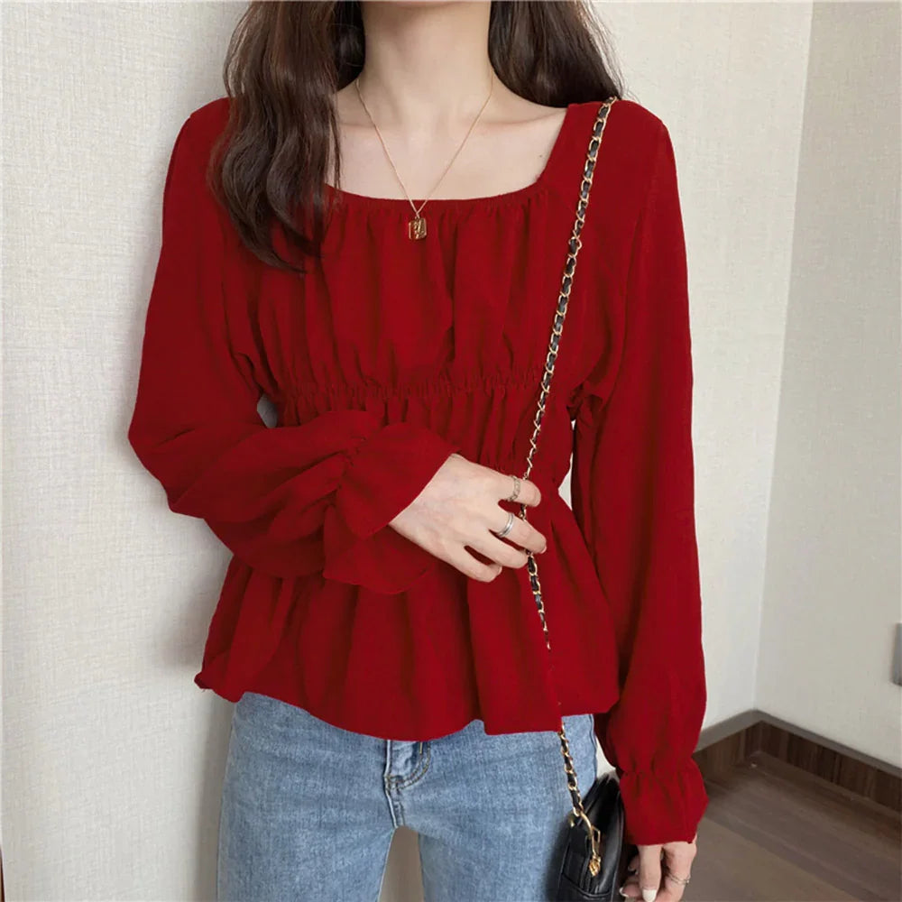 Women's Croptop Vintage Retro Square Shirring Blouse Dress