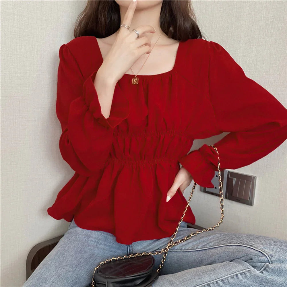 Women's Croptop Vintage Retro Square Shirring Blouse Dress