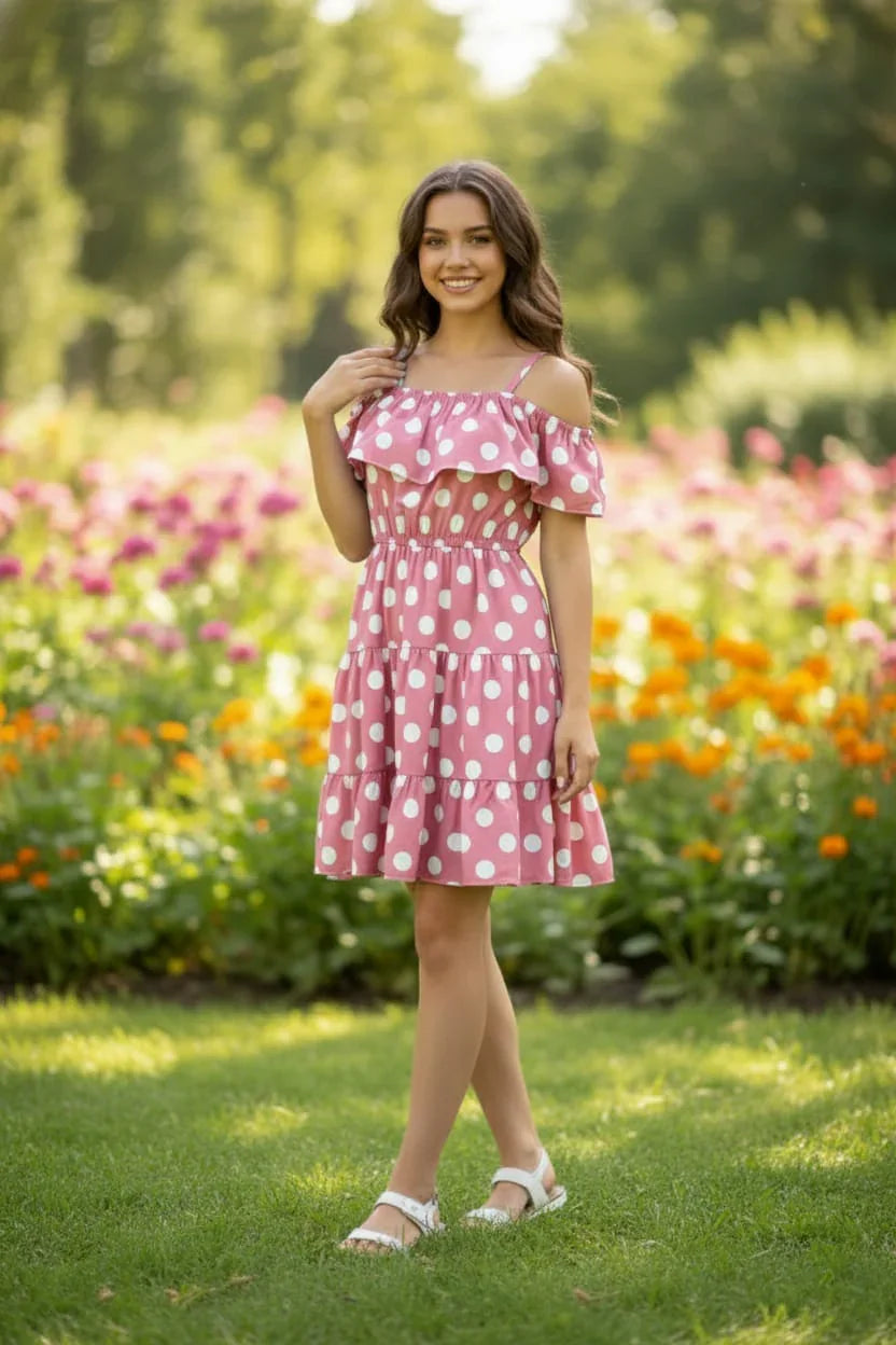 Women's Polka Dot Cold Shoulder Tiered Dress