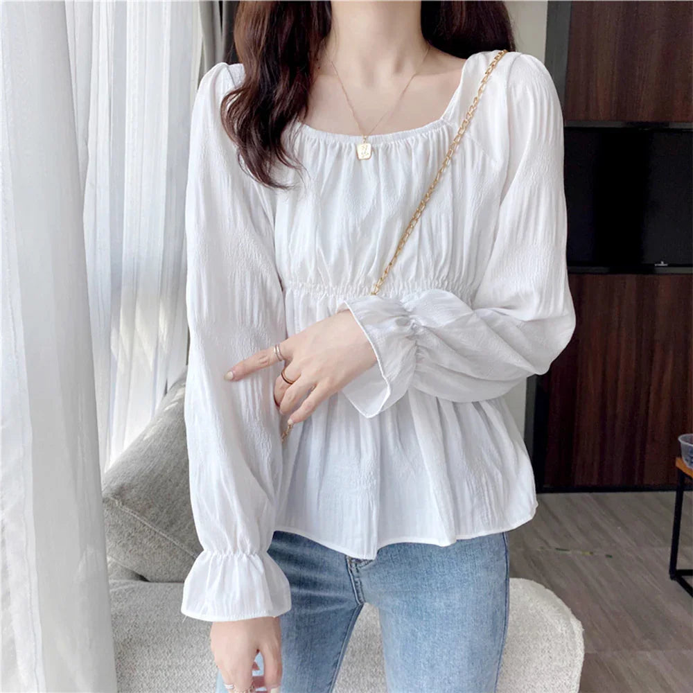 Women's Croptop Vintage Retro Square Shirring Blouse Dress