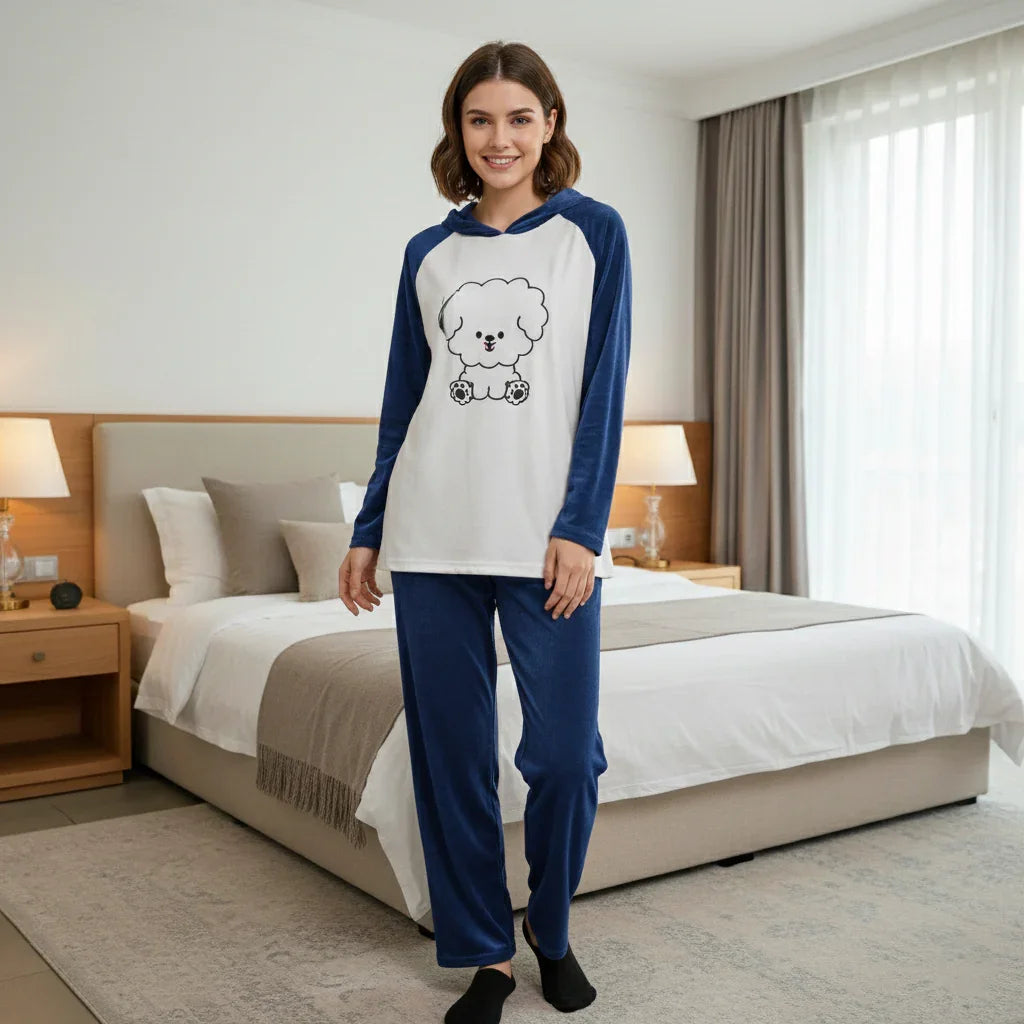 Women's Fuzzy Fleece Hooded Pajama Set
