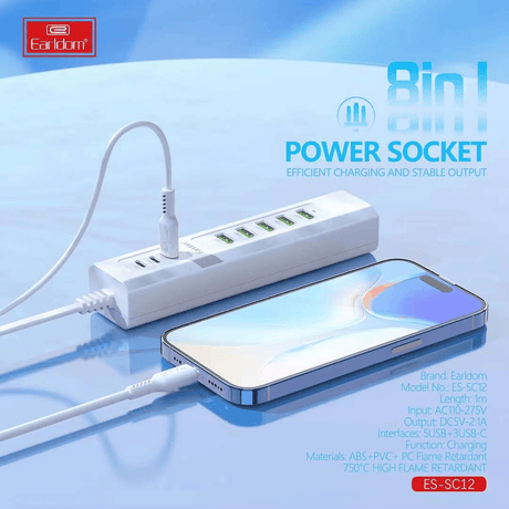 مقبس طاقة 8 في 1 من Earldom مزود بـ 5 منافذ USB و3 منافذ Type-C - SC12