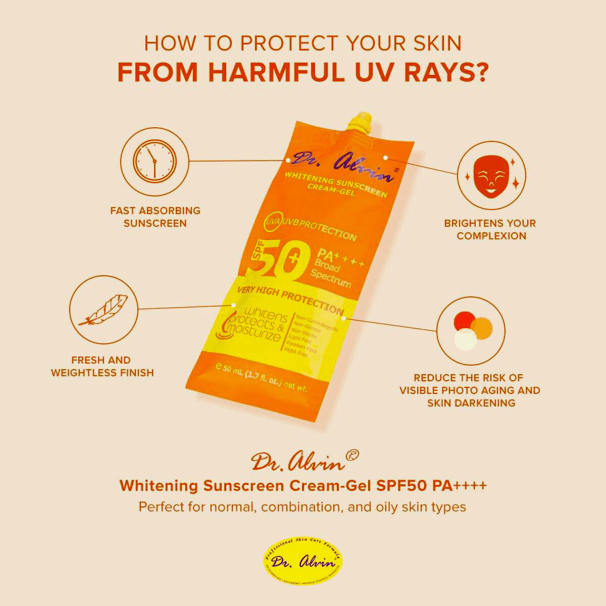 Dr. Alwin Whitening Sunscreen Cream Gel SPF 50 + 50ml