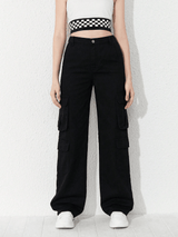 Women Wide Leg Flap Pocket Cargo Jeans - 6688#