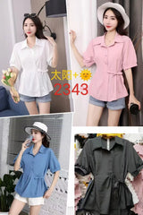 Women's Short Sleeve Side Bow Tie Fashion Tops - 016