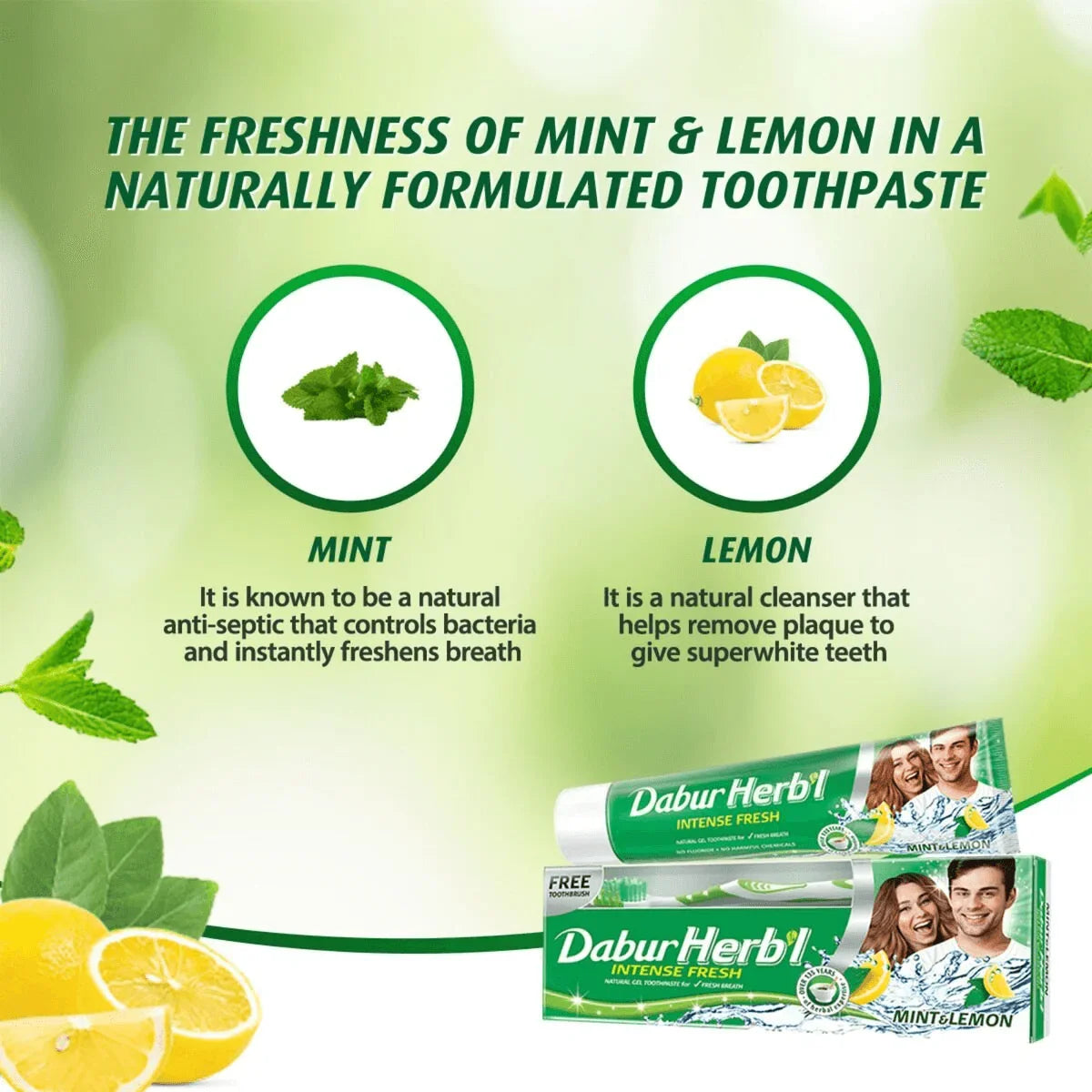 Dabur Herbal Intense Fresh Gel Toothpaste With Tooth Brush Free - 150g × 2 Pcs (Offer)