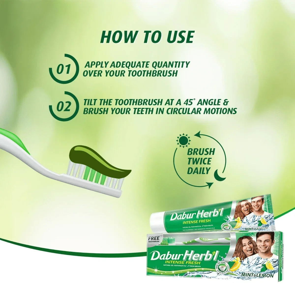 Dabur Herbal Intense Fresh Gel Toothpaste With Tooth Brush Free - 150g × 2 Pcs (Offer)