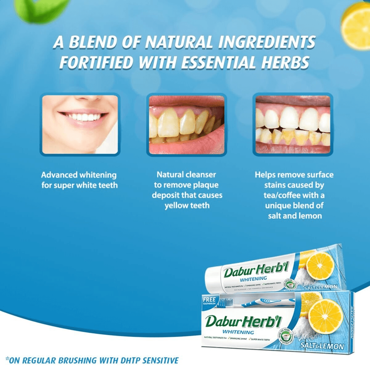 Dabur Herbal Brightening Salt & Lemon Toothpaste With Tooth Brush Free - 150g