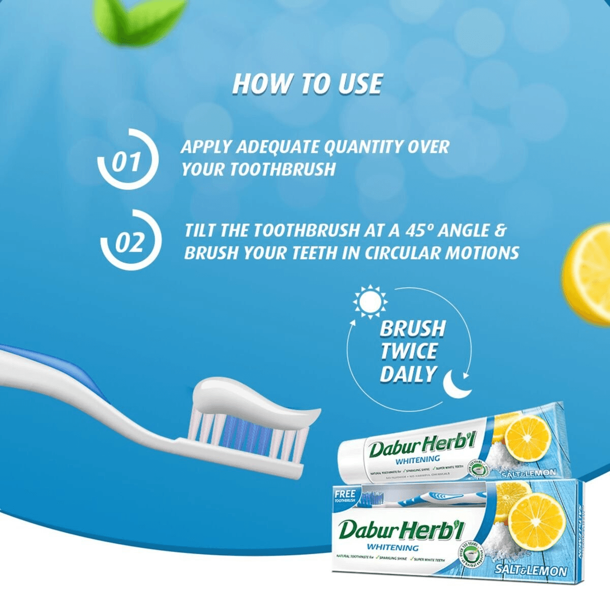 Dabur Herbal Brightening Salt & Lemon Toothpaste With Tooth Brush Free - 150g