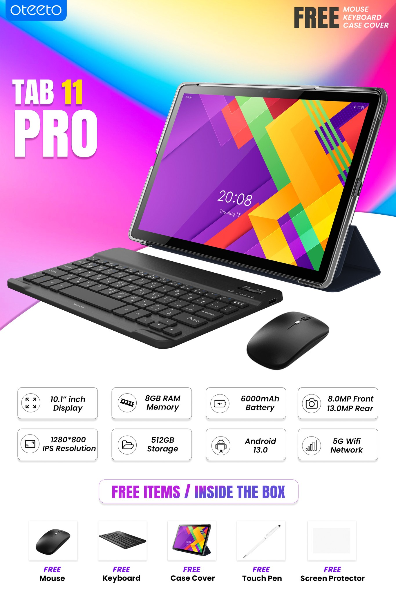 Oteeto Tab 11 Pro بذاكرة وصول عشوائي (RAM) سعة 8 جيجابايت وذاكرة تخزين داخلية سعة 512 جيجابايت ودعم شبكة 5G