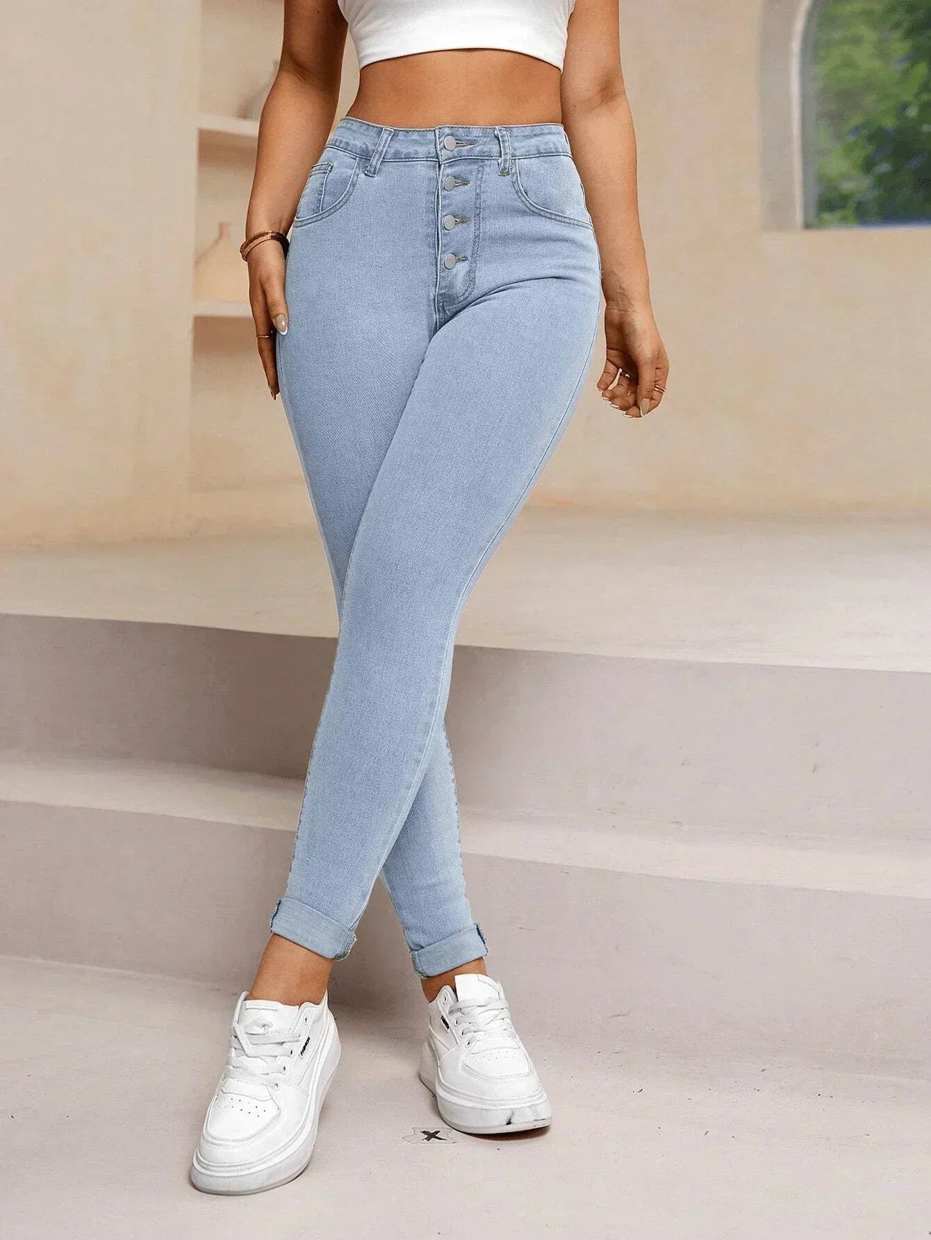 Women Fashion Casual Jeans High Waist Multi Button Design - #4179