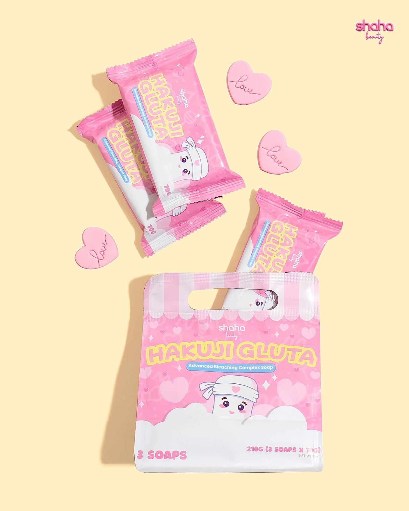 Shaha Beauty Hakuji Gluta Soap - 3 Bars × 70g (210g)