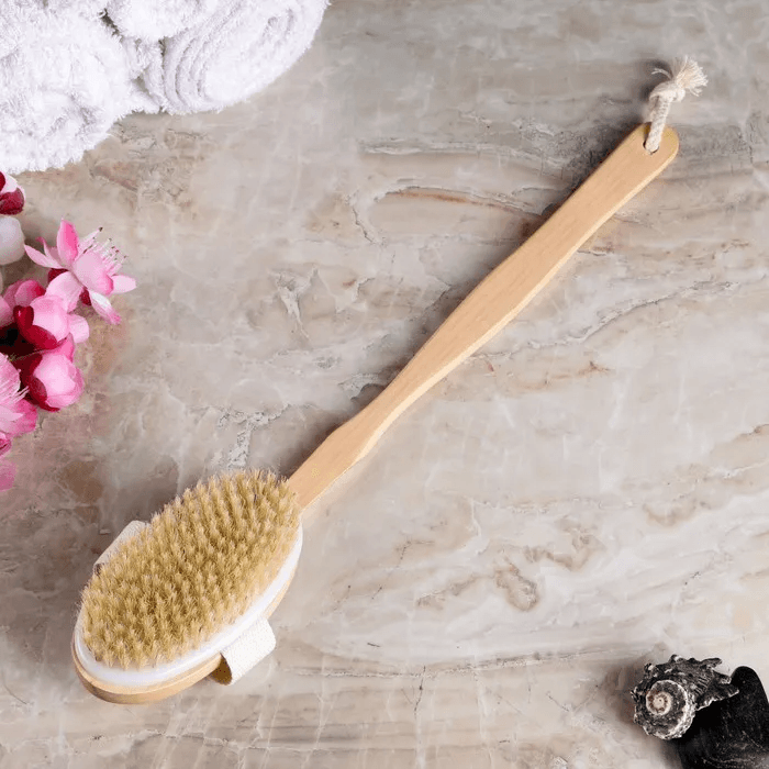 Shower Brush With Soft & Stiff Bristles Long Wooden Handle