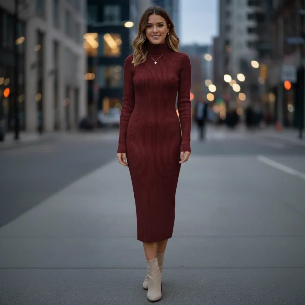 Women's Chic Ribbed Bodycon Turtleneck Dress