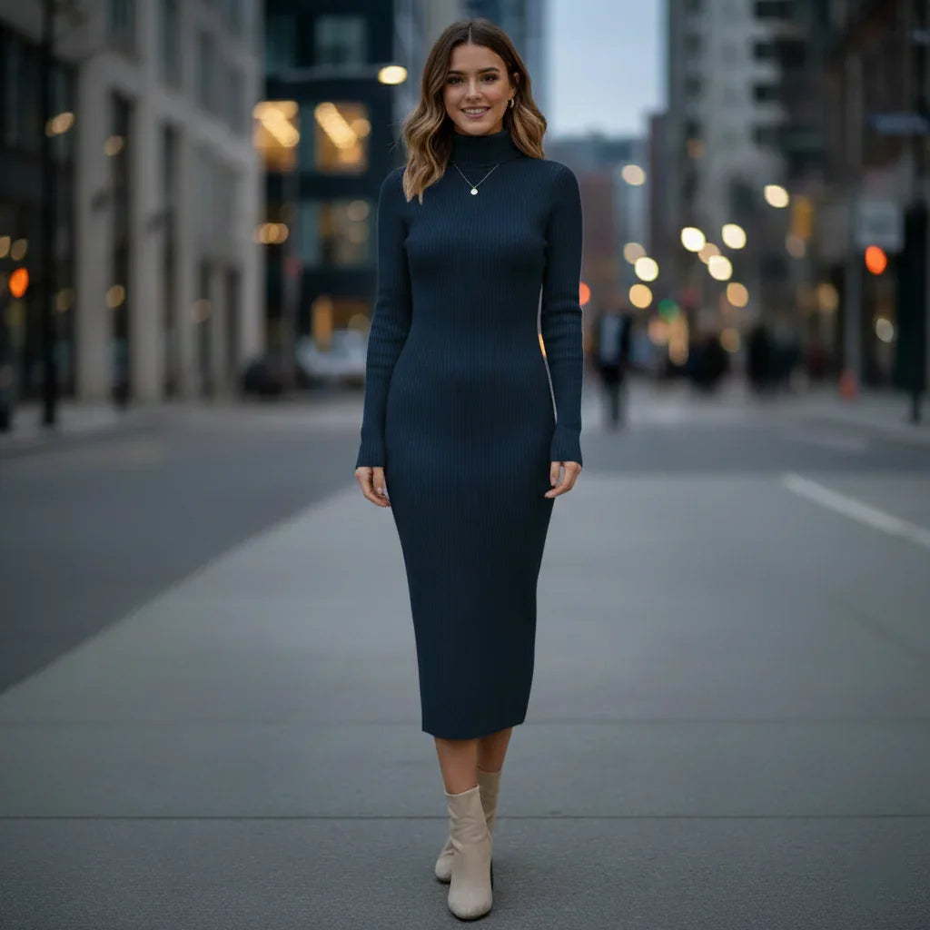 Women's Chic Ribbed Bodycon Turtleneck Dress