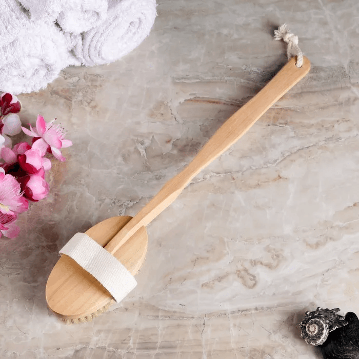 Shower Brush With Soft & Stiff Bristles Long Wooden Handle