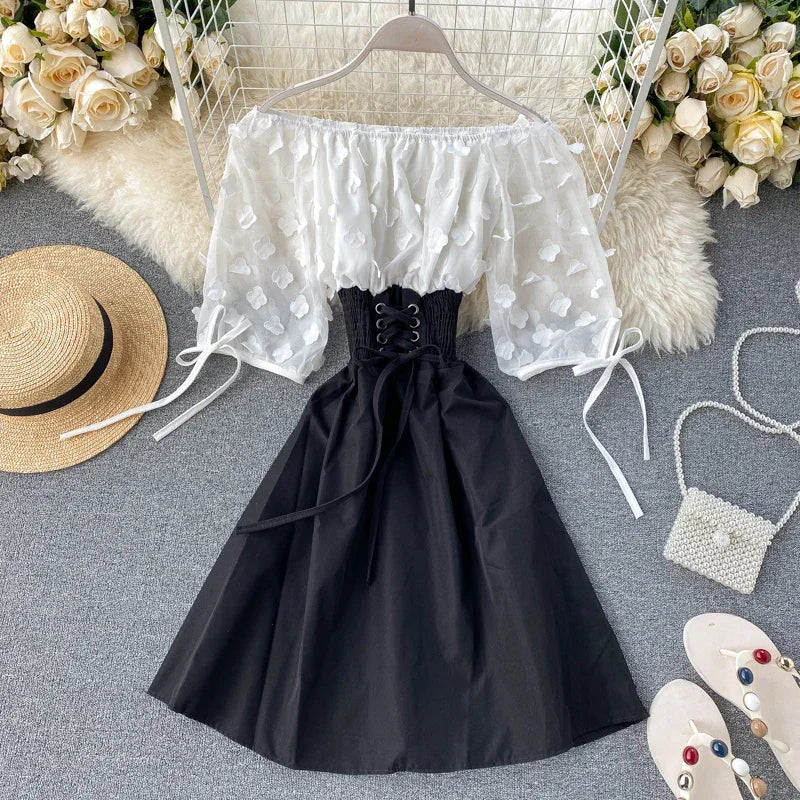 Slash Neck Solid Chiffon Puff Sleeve Flower Party Dress
