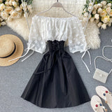 Slash Neck Solid Chiffon Puff Sleeve Flower Party Dress