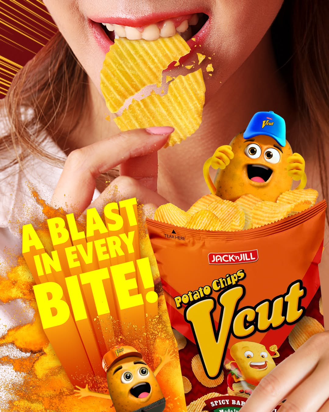 Jack 'n Jill V Cut Potato Chips Spicy BBQ - 60g (2+1) Offer