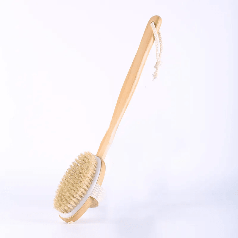 Shower Brush With Soft & Stiff Bristles Long Wooden Handle