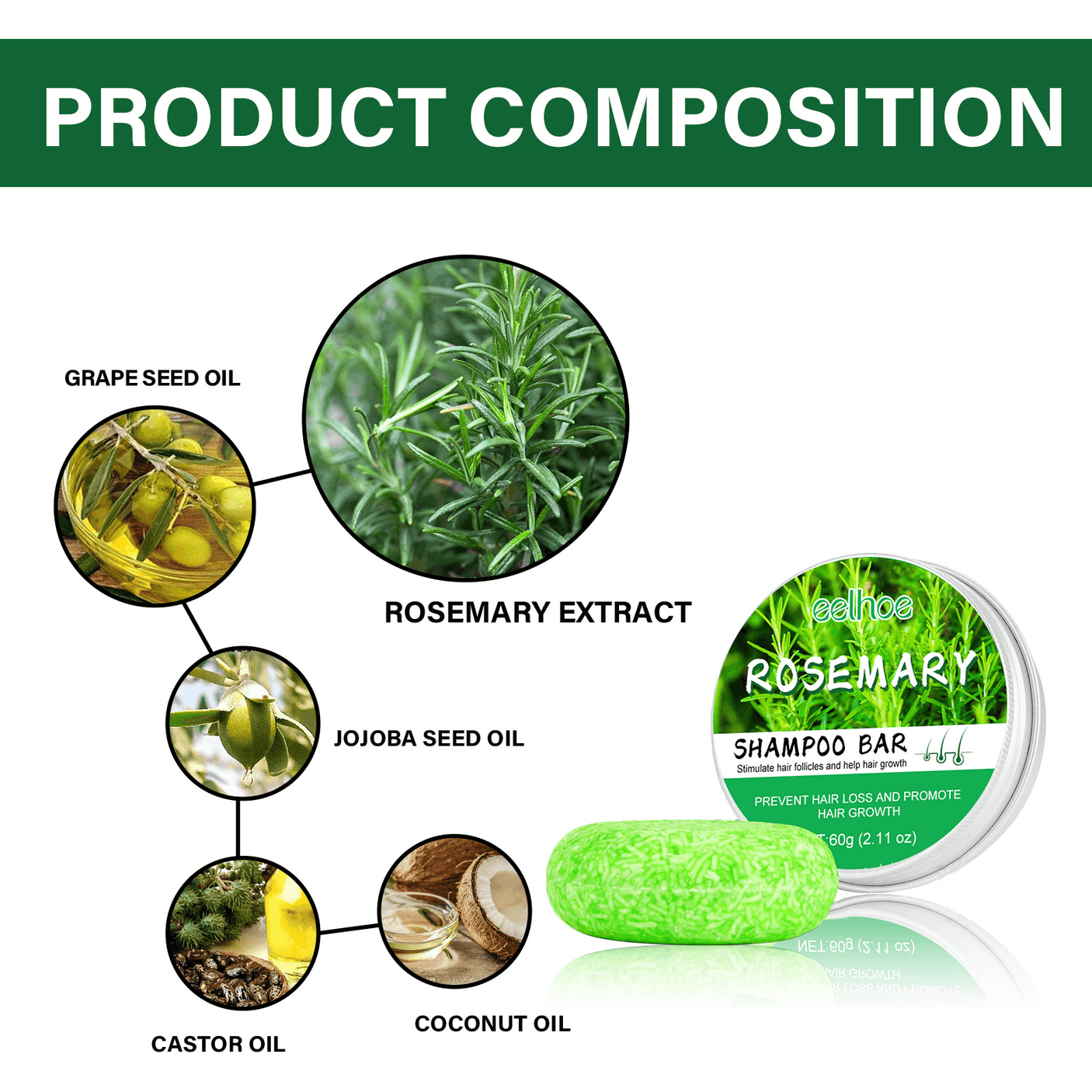EELHOE Rosemary Shampoo Bar Promote Hair Growth - 60g
