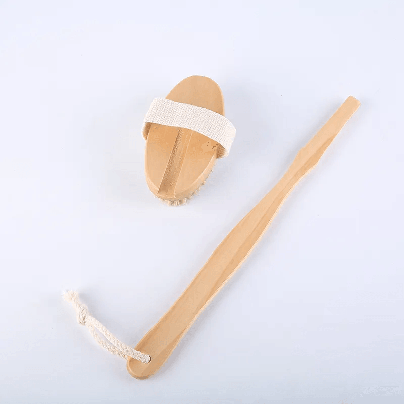 Shower Brush With Soft & Stiff Bristles Long Wooden Handle