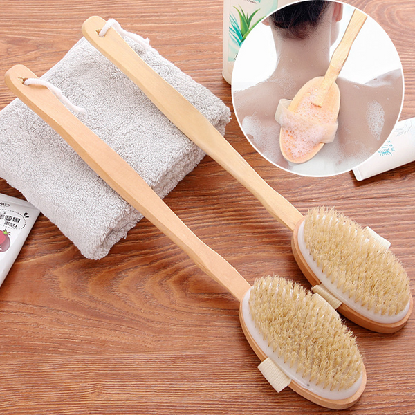 Shower Brush With Soft & Stiff Bristles Long Wooden Handle