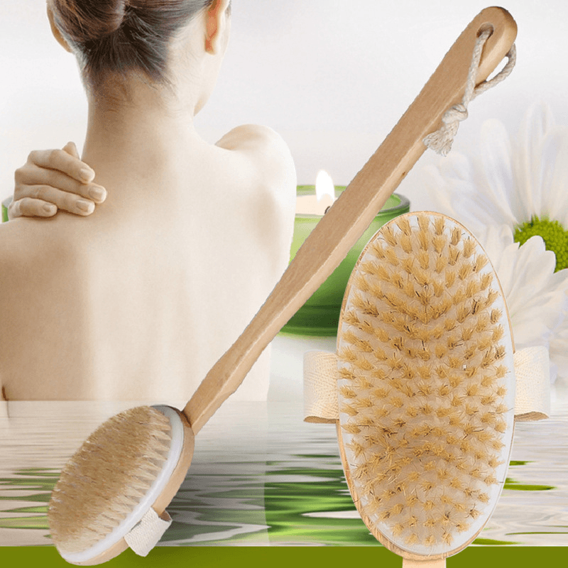 Shower Brush With Soft & Stiff Bristles Long Wooden Handle