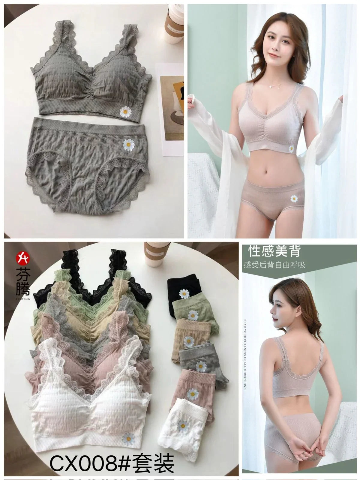 Women's Lace Strap Breathable Bra & Panty Set - CX008#