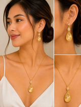 Korean Sunray Teardrop Necklace & Earrings Jewelry Set - FJ247