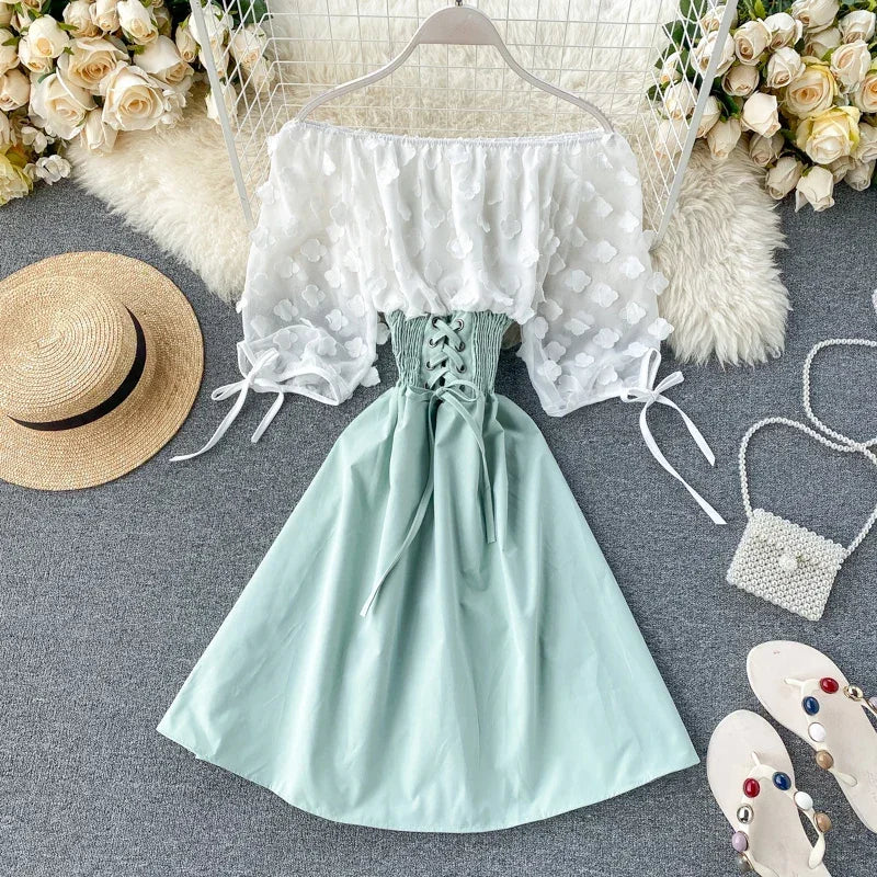 Slash Neck Solid Chiffon Puff Sleeve Flower Party Dress