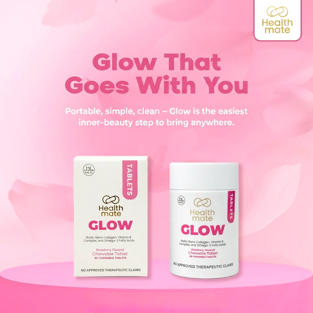 كبسولات "هيلث ميت جلو" (Healthmate Glow) القابلة للمضغ - كولاجين وفيتامينات متعددة - 60 كبسولة