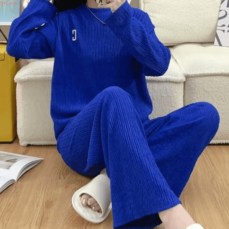 طقم مكون من بلوزة بأكمام طويلة وبنطلون واسع الساق مع تطريز مجعد FH-432