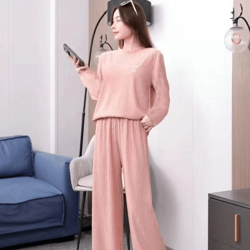 طقم مكون من بلوزة بأكمام طويلة وبنطلون واسع الساق مع تطريز مجعد FH-432