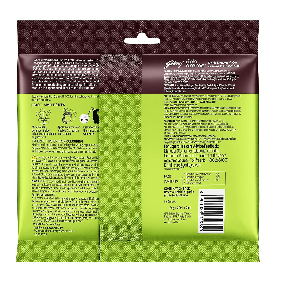 Godrej Rich Creme Hair Color Dark Brown 4.06 - 20g + 20ml
