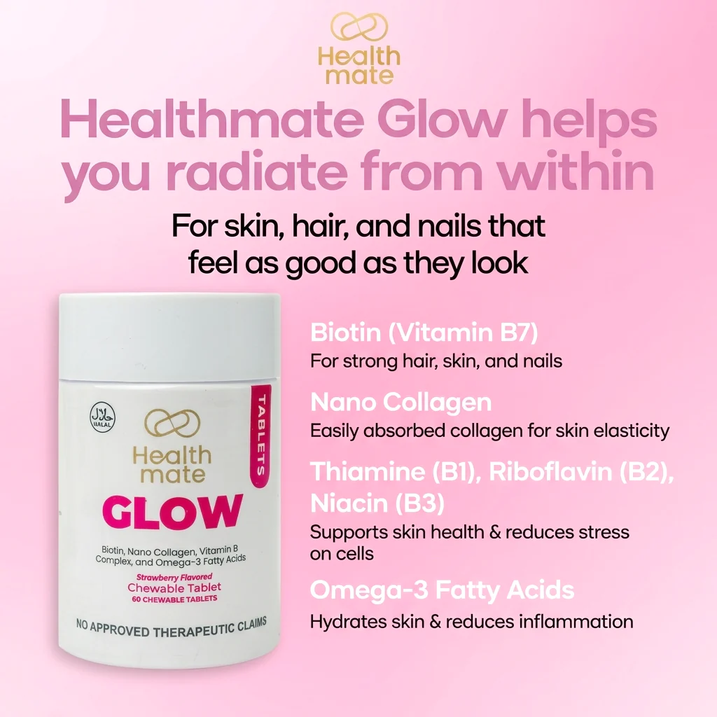 كبسولات "هيلث ميت جلو" (Healthmate Glow) القابلة للمضغ - كولاجين وفيتامينات متعددة - 60 كبسولة