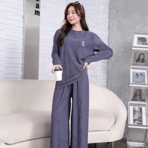 Wrinkle Embroidery Long Sleeve Top & Wide Leg Pants Set FH-432