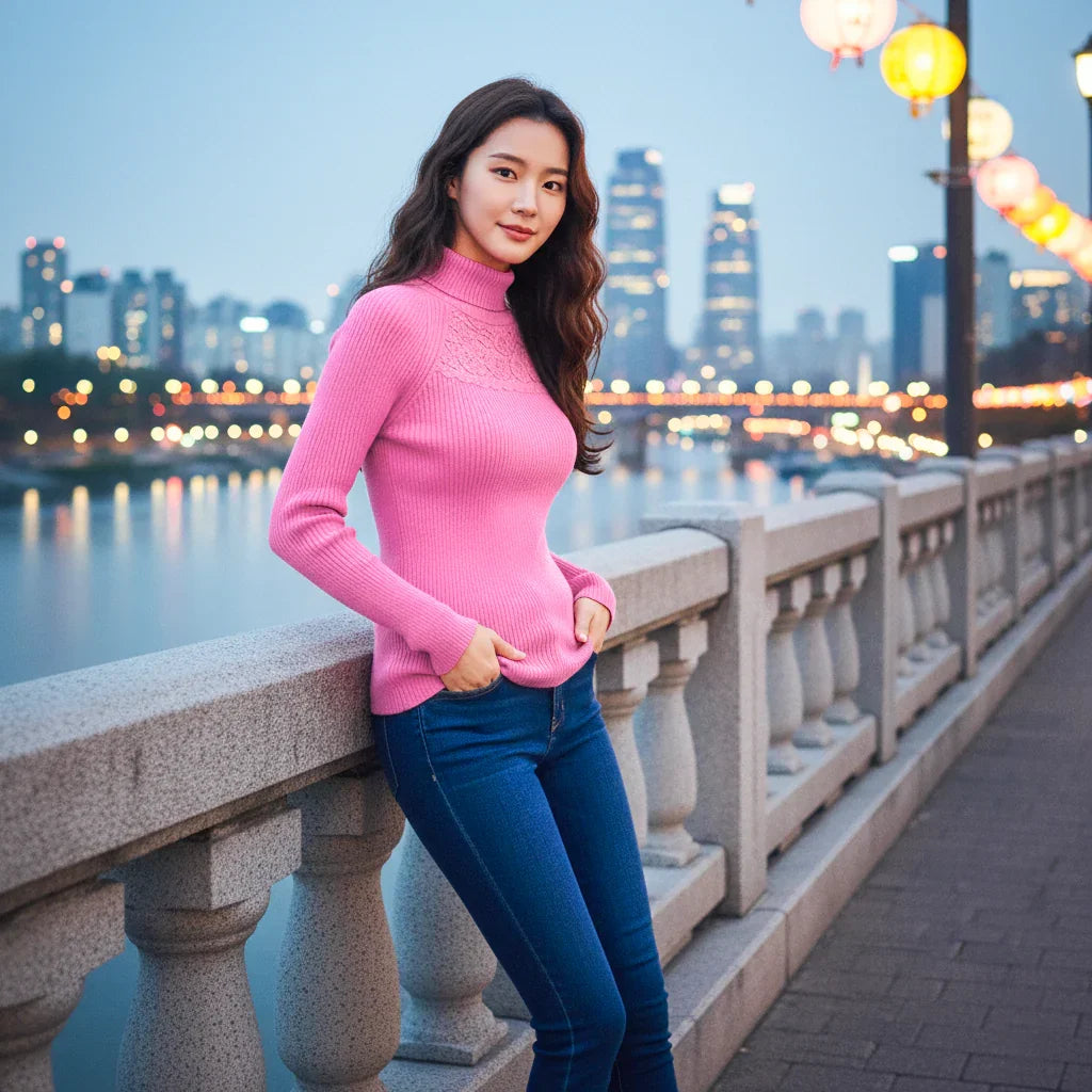 Women's Ribbed Knit Turtleneck Top with Sheer Lace Yoke