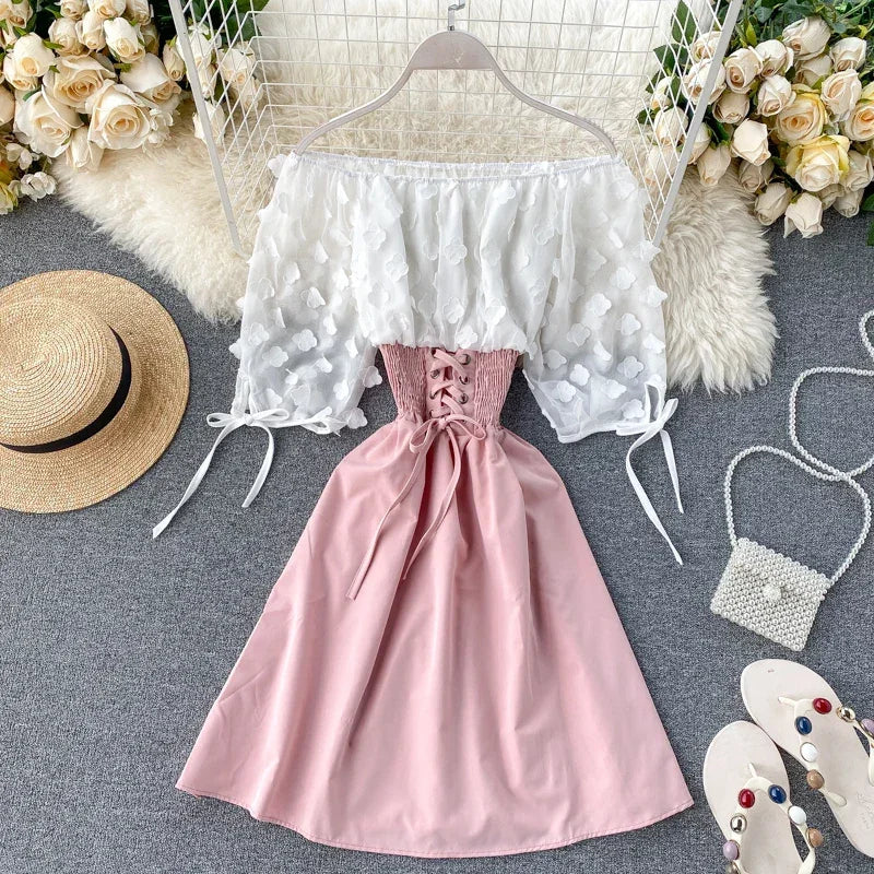 Slash Neck Solid Chiffon Puff Sleeve Flower Party Dress