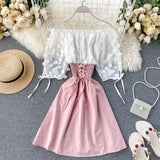 Slash Neck Solid Chiffon Puff Sleeve Flower Party Dress