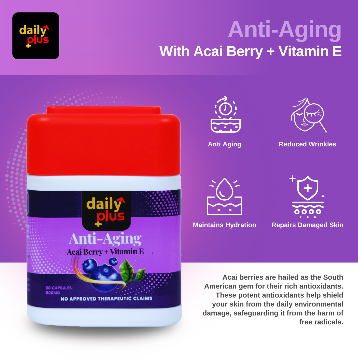 Daily Plus Anti-Aging Acai Berry + Vitamin E Caps - 60s