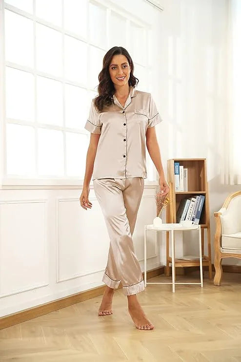 Women's Korean Fashion Silk Pajamas 2 Pcs Set - E8089