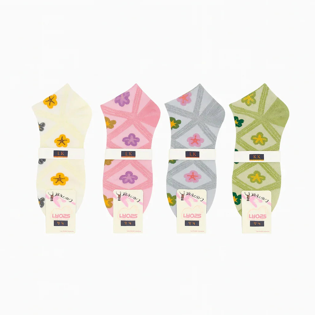 Floral Geometric Design Ankle Socks - 3 Pairs (K-4)