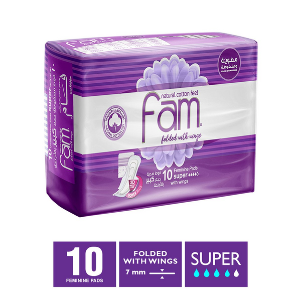 Fam Natural Cotton Feel Maxi Thick Folded With Wings Super Sanitary Pads 10 Pcs