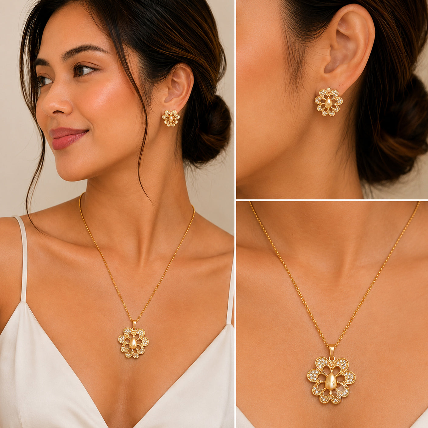 Crystal Floral Gold-Plated Necklace & Earrings Jewelry set - FJ259