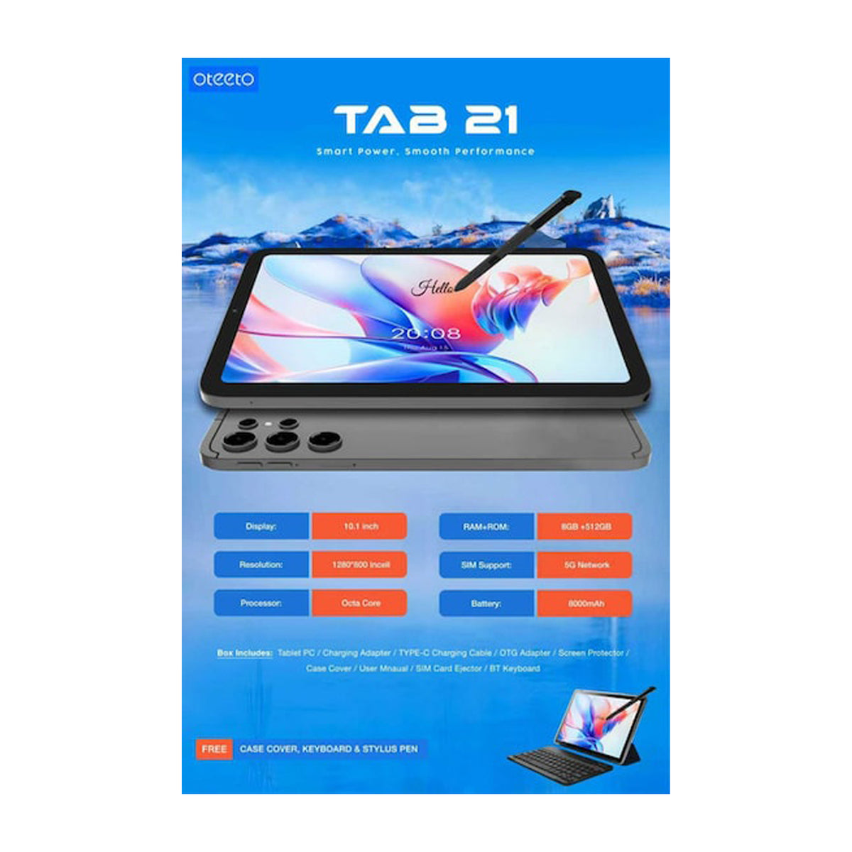 Oteeto Android Tablet 8GB RAM+ 512 ROM - TAB21 Pro