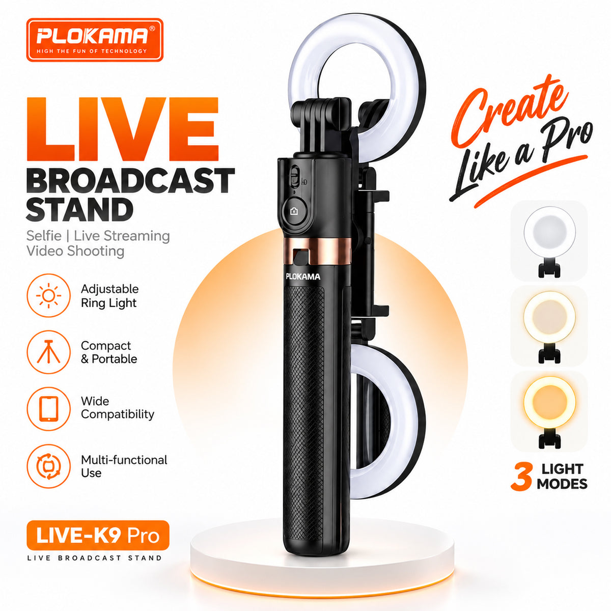 Plokama  Broadcast Stand with Ring Light & Phone Holder - Live-K9Pro